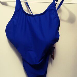 NWT bright blue one piece Kinda Sol swim suit as med.